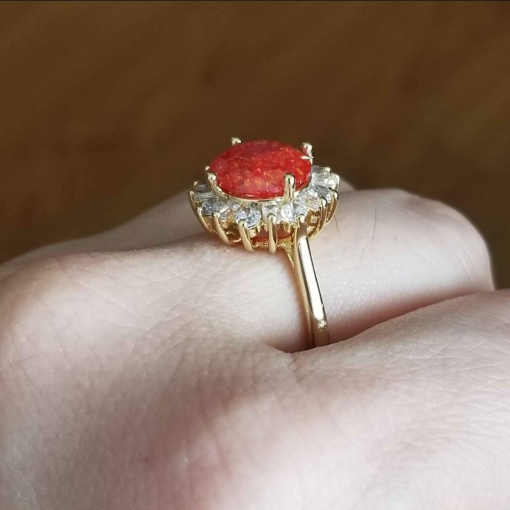 New 18K Gold Plated Round Cut Red Ice Gem Diamond Ring for Women - Picture 8 of 9